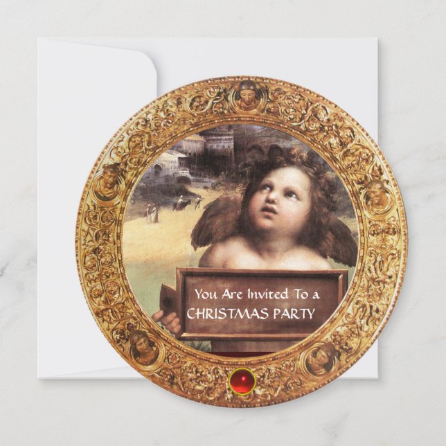 ANGEL ,WINGED CHERUB CHRISTMAS PARTY Red Ruby Gem Invitation (Front)