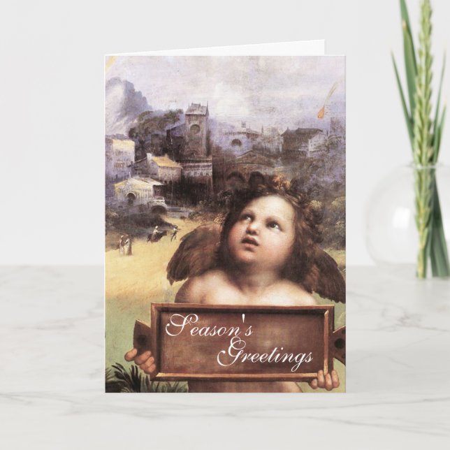 ANGEL ,Winged Cherub ,Red Ruby,Parchment Holiday Card (Front)