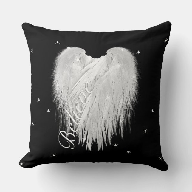 ANGEL WINGS 'Believe' Heart Black Starry Cushion (Front)