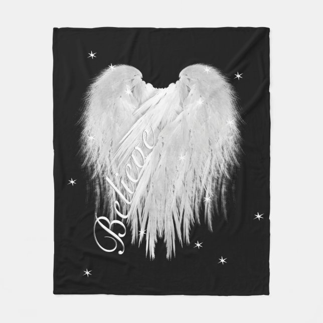 ANGEL WINGS 'Believe' Heart Black Starry Fleece Blanket (Front)
