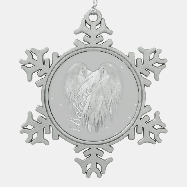 ANGEL WINGS 'Believe' Magic Heart Snowflake Pewter Christmas Ornament (Front)
