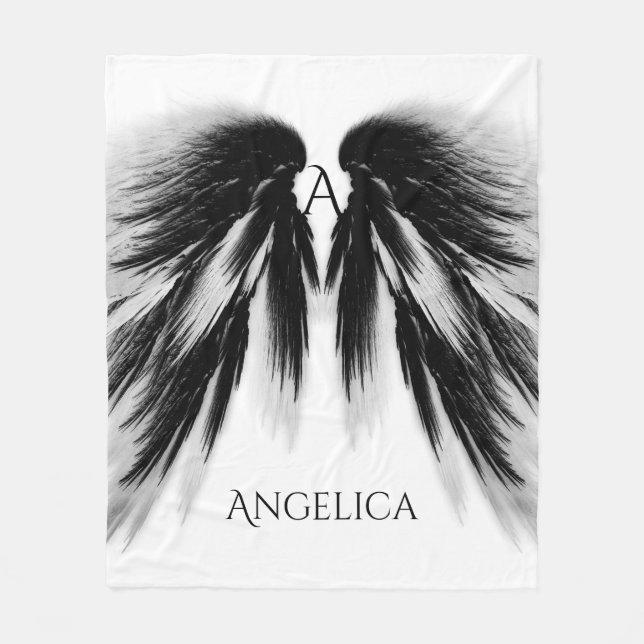 ANGEL WINGS Black Grey Monogram Fleece Blanket (Front)