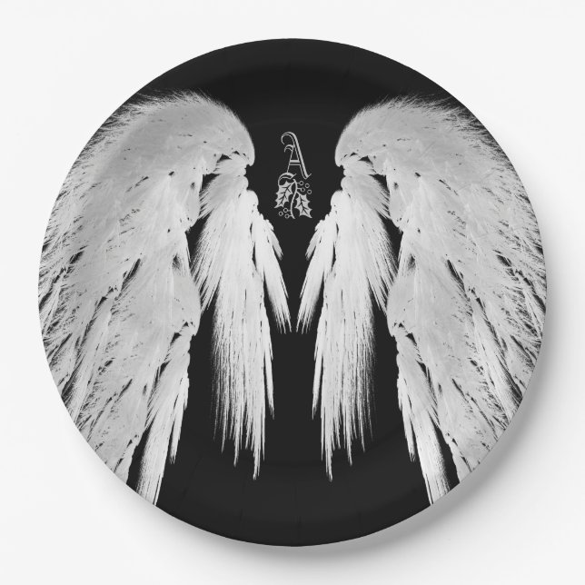 ANGEL WINGS Black Heavenly Holly Monogram Paper Plate (Front)