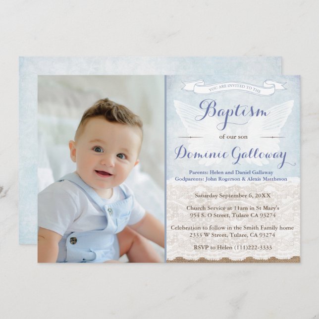 Angel Wings Burlap Lace Baby Boy Baptism PhotoCard Invitation (Front/Back)