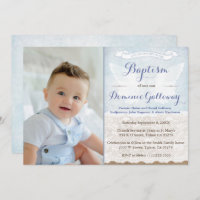 Angel Wings Burlap Lace Baby Boy Baptism PhotoCard