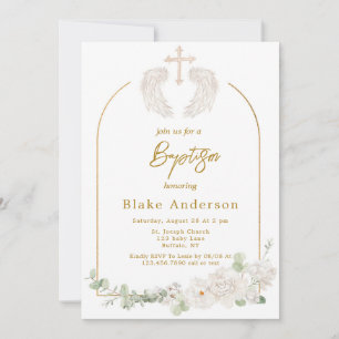 Angel Wings Cross Gold Baby Baptism Invitation