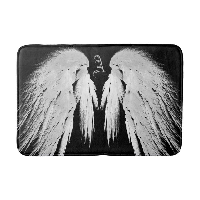 ANGEL WINGS Grey Touched Feathers Custom Monogram Bath Mat (Front)