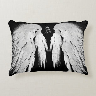 ANGEL WINGS Grey Touched Feathers Custom Monogram Decorative Cushion