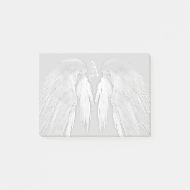 ANGEL WINGS Grey Touched Feathers Custom Monogram Post-it Notes (Front)