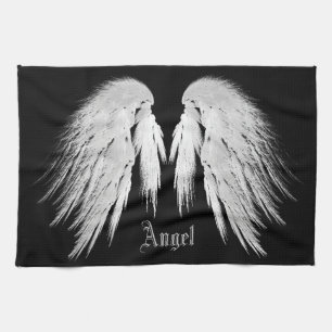 ANGEL WINGS Grey Touched Feathers Custom Name Tea Towel