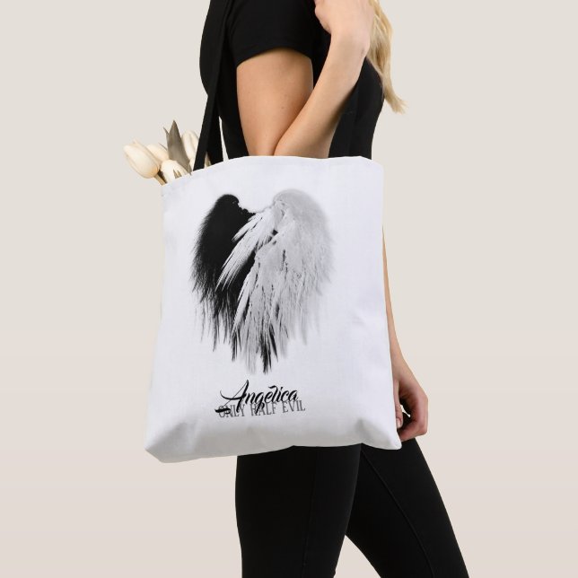 ANGEL WINGS HEART Black+White Only Half Evil Funny Tote Bag (Close Up)