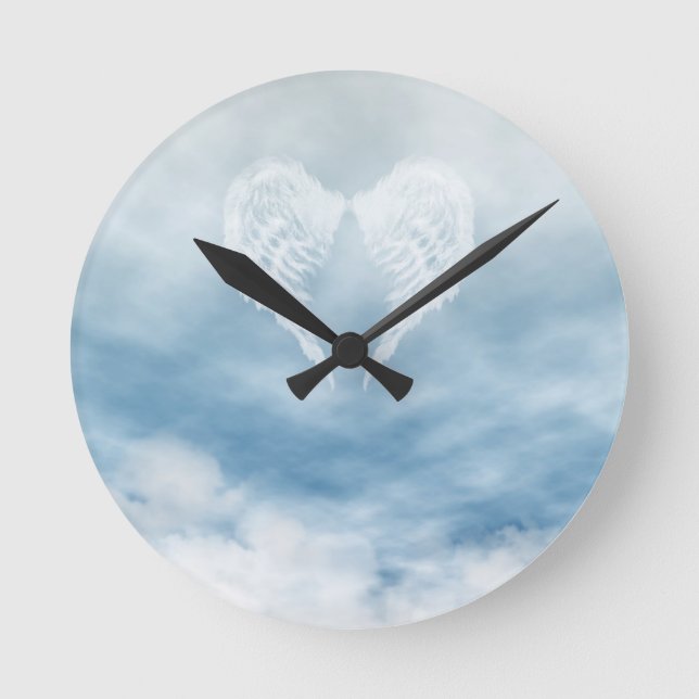 Angel Wings in Cloudy Blue Sky Round Clock (Front)