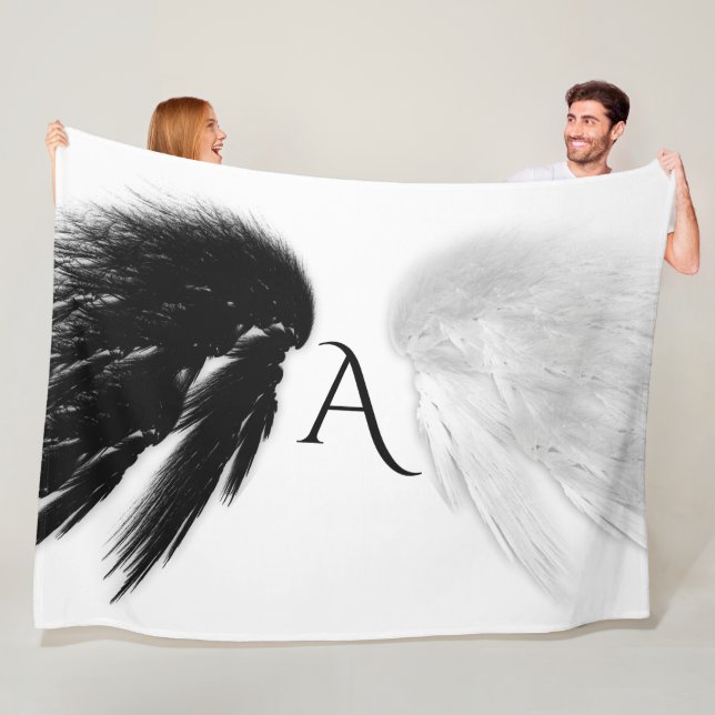 ANGEL WINGS Monogram Black + White Fleece Blanket (In Situ)