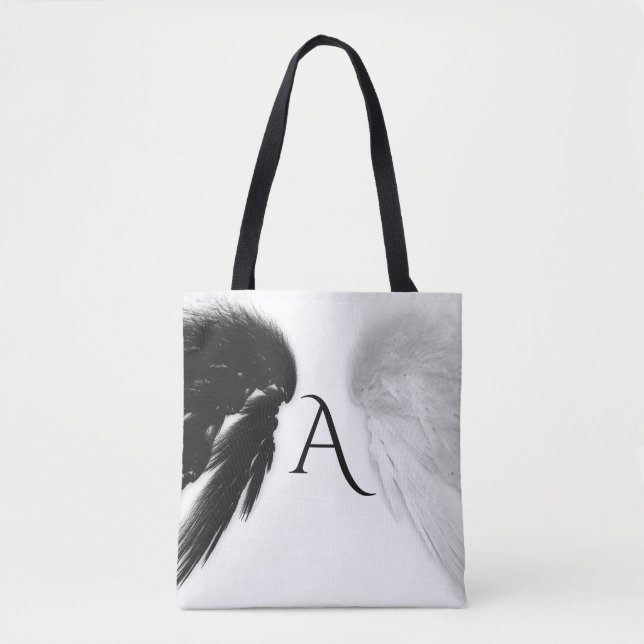 ANGEL WINGS Monogram Black + White Tote Bag (Front)