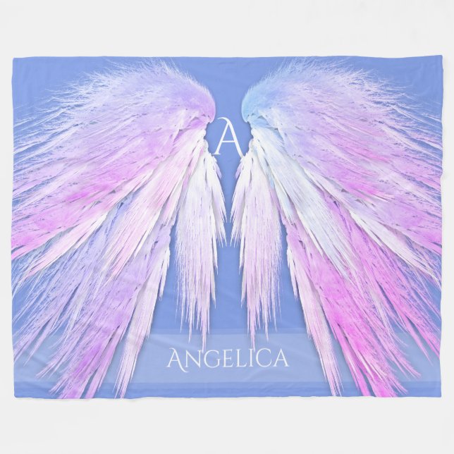 ANGEL WINGS Monogram Dreamy Pink Soft Blue Fleece Blanket (Front (Horizontal))