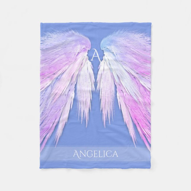 ANGEL WINGS Monogram Dreamy Pink Soft Blue Fleece Blanket (Front)