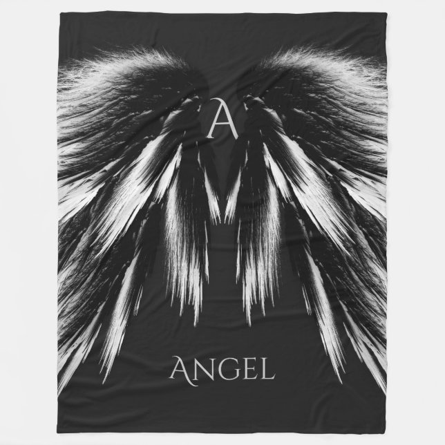 ANGEL WINGS Monogram Grey Black Fleece Blanket (Front)