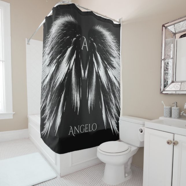 ANGEL WINGS Monogram Grey Black Shower Curtain (In Situ)