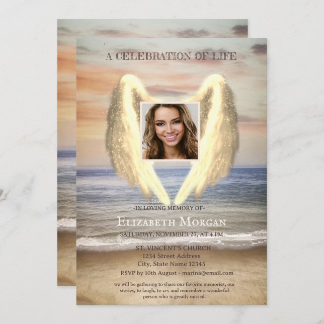 Angel Wings Ocean Beach Photo Celebration Of Life Invitation (Front/Back)