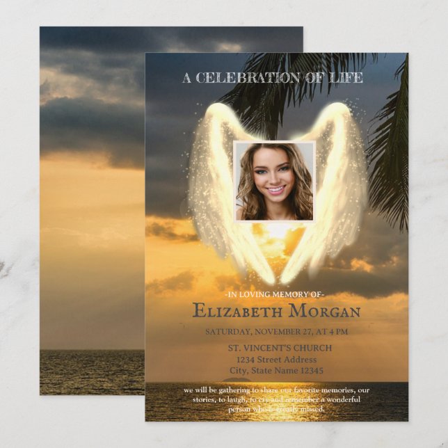 Angel Wings Ocean Sunset Photo Celebration Of Life Invitation (Front/Back)
