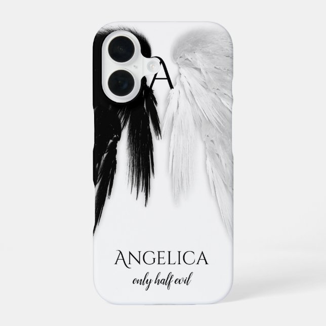 ANGEL WINGS 'Only Half Evil' Monogram Funny iPhone 16 Case (Back)