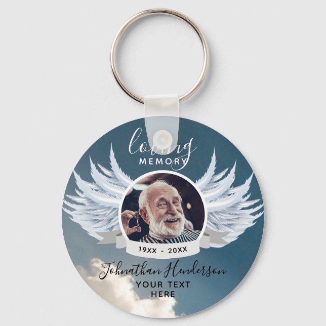 Angel Wings Photo Loving Memory Funeral/Memorial Key Ring (Front)