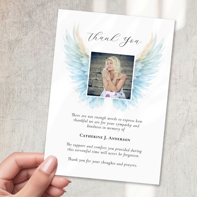 Angel Wings Photo Sympathy Funeral Memorial Thank You Card (Creator Uploaded)
