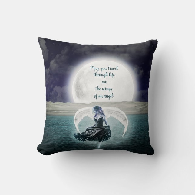 Angel Wings Quote Full Moon over Ocean Personalise Cushion (Front)