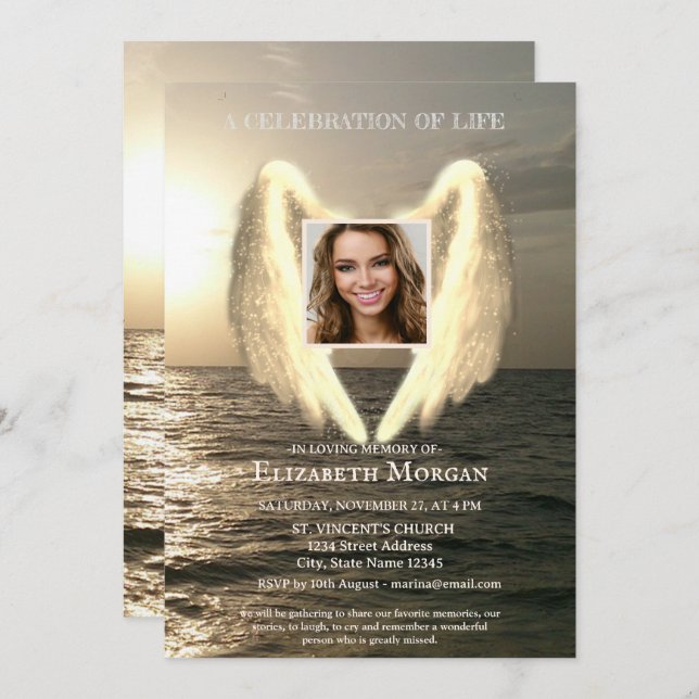 Angel Wings Sea Sunset Photo Celebration Of Life Invitation (Front/Back)