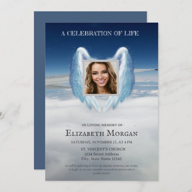 Angel Wings Sky Photo Celebration Of Life Invitation (Front/Back)