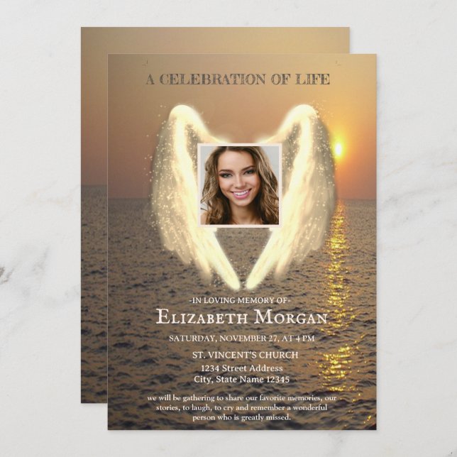 Angel Wings  Sunset Photo Celebration Of Life Invitation (Front/Back)