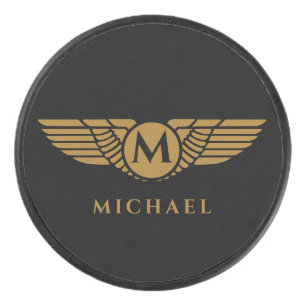 Angel wings vintage golden name initial monogram  hockey puck