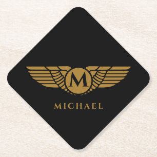 Angel wings vintage golden name initial monogram  paper coaster