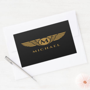 Angel wings vintage golden name initial monogram rectangular sticker