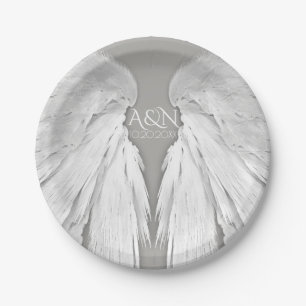 ANGEL WINGS Wedding Couple Initials Elegant Grey Paper Plate