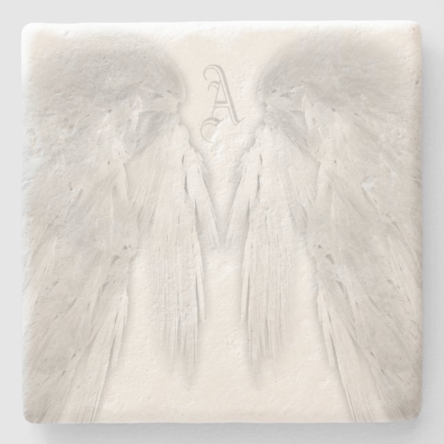 ANGEL WINGS White Custom Monogram Stone Coaster (Front)