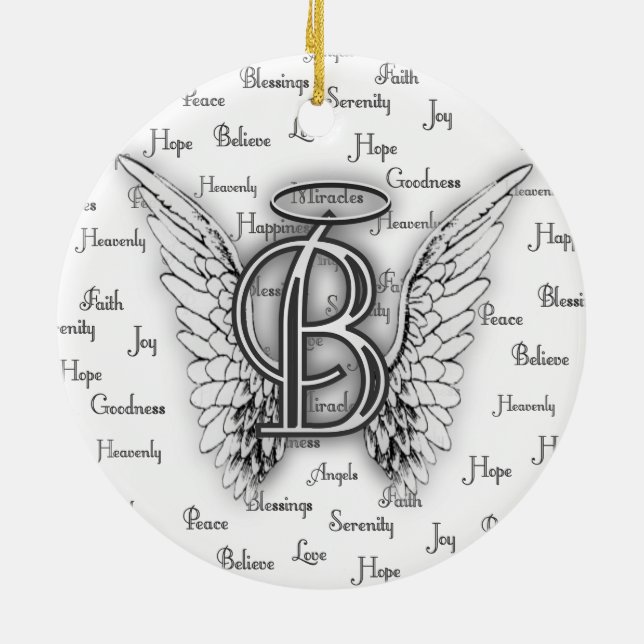 Angel Wings with Positive Words Monogram B Ceramic Ornament (Back)