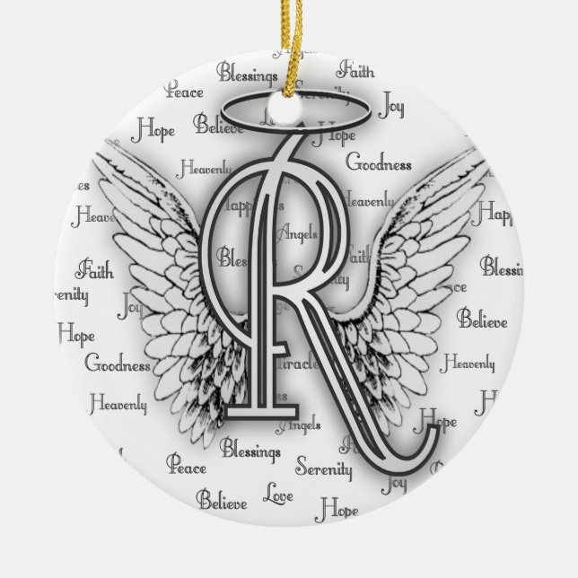 Angel Wings with Positive Words Monogram R Ceramic Tree Decoration (Front)