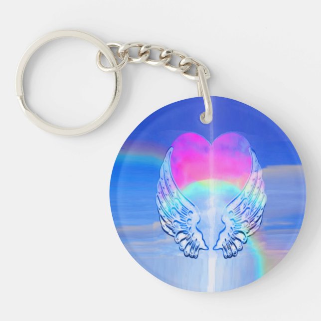 Angel Wings Wrapped Around a Rainbow Heart Key Ring (Front)
