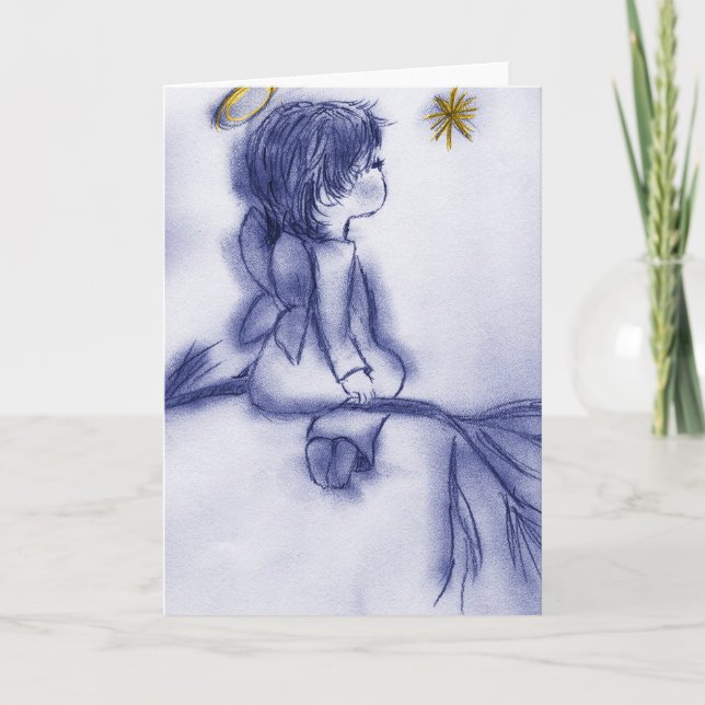 Angel Wishing On A Star - Blue Tint Holiday Card (Front)