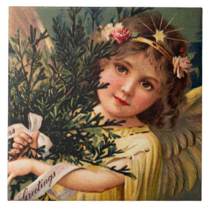 Angel with an Armful of Christmas Greenery Ceramic Tile