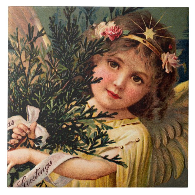 Angel with an Armful of Christmas Greenery Ceramic Tile (Front)