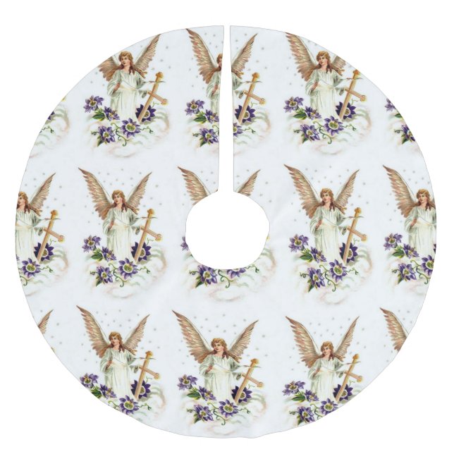Angel With Cross And Clematis Flowers Brushed Polyester Tree Skirt (Front)