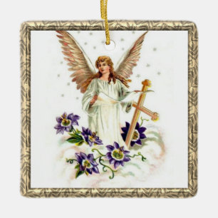 Angel With Cross And Clematis Flowers Ceramic Orna Ornament