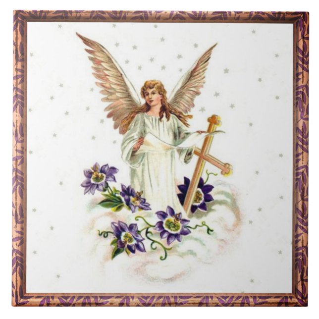 Angel With Cross And Clematis Flowers Ceramic Tile (Front)