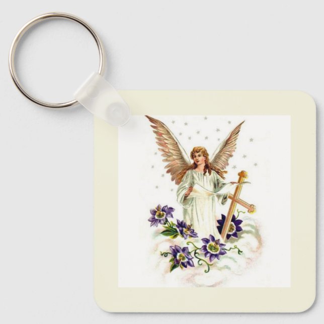 Angel With Cross And Clematis Flowers  Key Ring (Front)