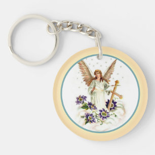 Angel With Cross And Clematis Flowers Keychain