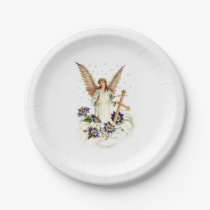 Angel With Cross And Clematis Flowers Paper Plate