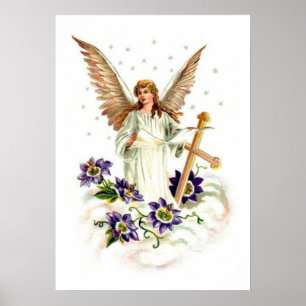 Angel With Cross And Clematis Flowers Poster