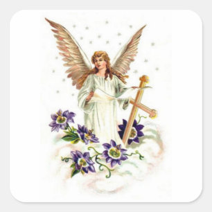 Angel With Cross And Clematis Flowers Square Sticker